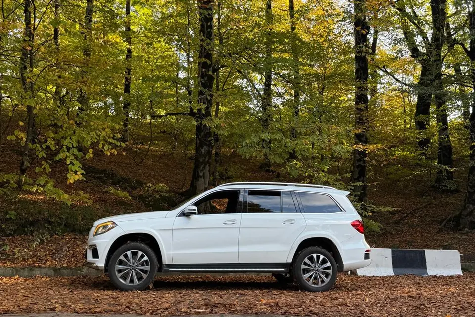 Белый Mercedes-Benz GL 350 в осеннем лесу